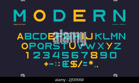 Latin font alphabet, numbers and punctuation, sans serif characters in modern style. Abc uppercase letters on dark background, Duotone typeface for po Stock Vector