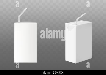 Juice or milk boxes with straw side front view set, white blank packaging mock up isolated on transparent background. Cardboard liquid production cont Stock Vector
