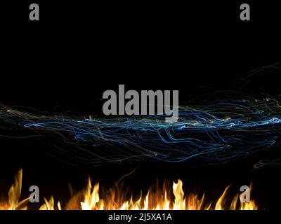 Blurred background of a circle of fire with abstract blue lines in the background. High quality photo Stock Photo
