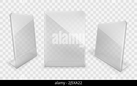 Acrylic table displays set, glass or plastic card holders isolated on transparent background. Empty plexi stands mock up. Clear plexiglass tag mockup, Stock Vector