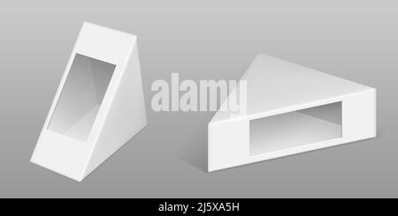 Triangle cardboard pack for sandwich with transparent plastic film window. Vector mockup with realistic blank packaging box for takeaway breakfast, lu Stock Vector