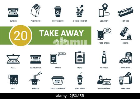 Take Away icon set. Contains editable icons take away theme such as packaging, chicken bucket, hot dog and more. Stock Vector