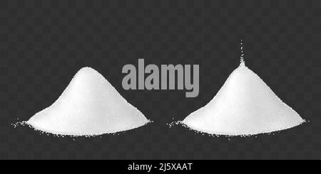 Salt or sugar pile isolated on transparent background. Vector mockup of realistic two heaps of white loose seasoning Stock Vector