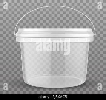 Clear plastic bucket closed by lid isolated on transparent background. Vector mockup of realistic 3d empty container for food, fresh products, ice cre Stock Vector