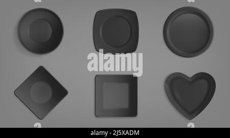 Top view of empty black different shapes bowls. Realistic vector mockup of square, round, heart shape and rhumb plates. Set of porcelain crockery isol Stock Vector