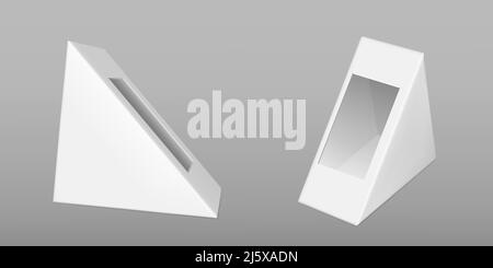 Triangle white cardboard pack for sandwich with transparent plastic film window. Vector mockup with 3d realistic blank packaging box for takeaway brea Stock Vector