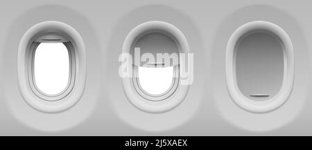 Aircraft windows. Three realistic airplane portholes with open and closed shade. Vector template of plane interior illuminators with white background Stock Vector
