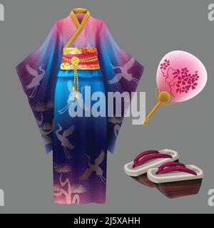 Japanese woman kimono, geisha dress with golden waist, shoes and fan. Yukata with blue and pink ornament with cranes and wooden geta. Vector set of tr Stock Vector