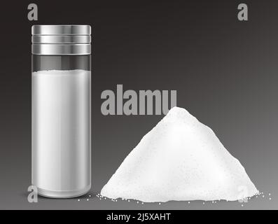 Glass salt shaker and pile of sodium chloride. Vector realistic full salt cellar and heap of white loose seasoning isolated on gray background Stock Vector