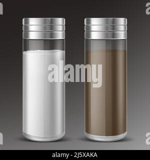 Glass salt and black pepper shaker with metal cap. Vector realistic transparent bottle salt cellars full of spice and condiments in front view Stock Vector