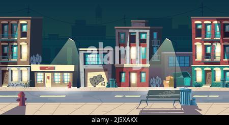 Ghetto street at night, slum houses, old buildings with glow windows and graffiti on walls. Dilapidated dwellings stand on roadside with lamps, fire h Stock Vector