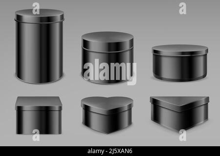 Black tin boxes set, blank jars for tea, coffee, spices or candies. Bottles mockup, different shapes cans for packaging dry products biscuits, candies Stock Vector