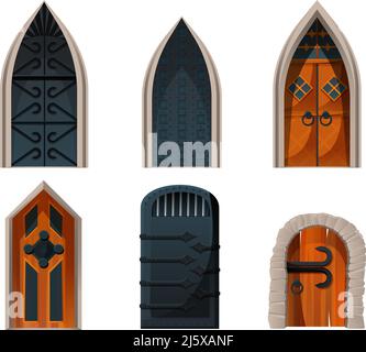 Doors set, wooden and metal medieval or fairytale arched entries for palace, castle or ancient prison exterior game design elements with forged decora Stock Vector