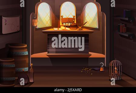 Pirate captain ship cabin wooden room interior with bottle, scrolls and feather pen on desk, treasure map on wall, gold coins, cage with parrot and ha Stock Vector