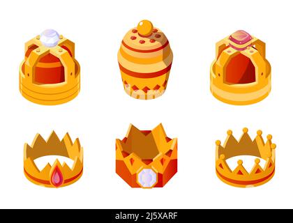 Isometric golden crowns with gems for king or queen set isolated on white background. Crowning headdress for Monarch. Royal gold monarchy medieval cor Stock Vector