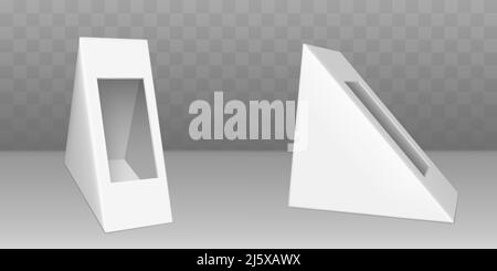 Triangle cardboard pack for sandwich with clear plastic film window. Vector mockup with realistic blank packaging box for takeaway breakfast, lunch, s Stock Vector
