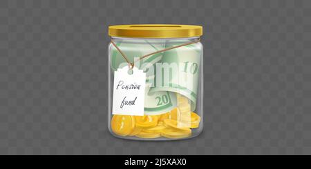 Clear money box full of gold coins and banknotes with label Pension fund. Vector realistic glass jar of dollars cash isolated on transparent backgroun Stock Vector