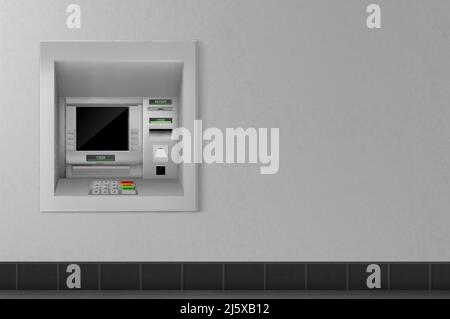 Atm machine on grey wall background, automated teller with black monitor, keypad for enter password and operation with money. Banking terminal for fin Stock Vector
