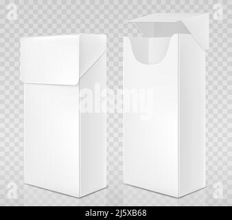 Empty open and closed pack of cigarettes. Vector realistic mockup of white paper package box for tobacco products isolated on transparent background Stock Vector