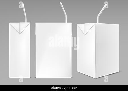 White cardboard pack of milk, juice or yogurt with drinking straw. Vector mockup of realistic blank package box of drink from different sides isolated Stock Vector
