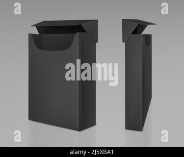 Empty open black pack of slim cigarettes. Vector realistic mockup of paper package box for tobacco products isolated on gray background Stock Vector