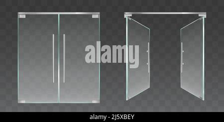 Clear glass doors for office or shop isolated on transparent background. Vector realistic set of closed and open double doors with metal frame and han Stock Vector