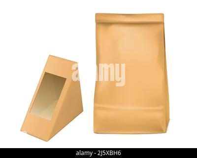 Paper bag and triangle packaging box for sandwich with transparent plastic film window. Vector mockup with realistic blank brown cardboard pack for ta Stock Vector