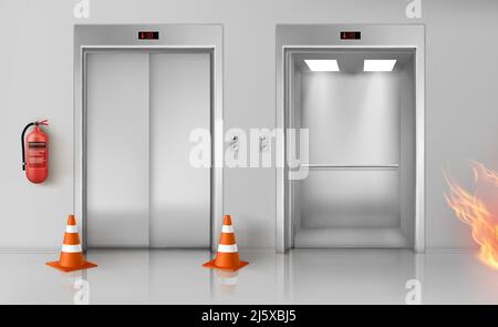 Fire in office hallway with open and closed elevator doors, red extinguisher on wall and traffic cones. Vector realistic illustration of emergency in Stock Vector