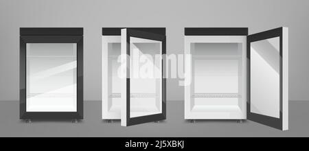 Empty mini refrigerator with transparent glass door. Vector black open and closed fridges for drink or fresh food in supermarket or kitchen. Modern co Stock Vector