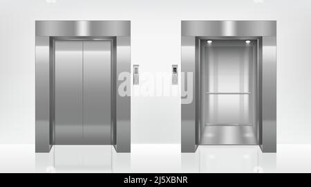 Open and closed elevator doors in office hallway. Vector realistic empty lobby interior with lift and metal panel with buttons and floor display on wa Stock Vector