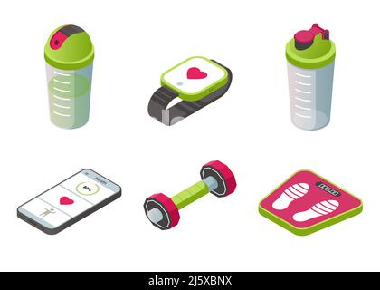 Isometric sport wearable accessories icons set, shaker, smart watch, smartphone with sports application, dumbbell, scales equipment isolated on white Stock Vector