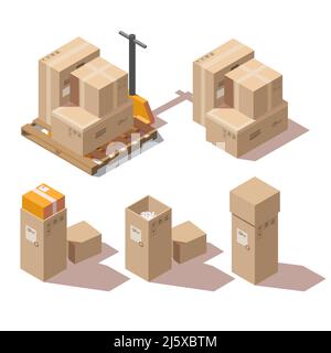Isometric cardboard boxes set and hand pallet truck for freight and goods transportation isolated on white background. Brown closed and open container Stock Vector