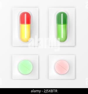 Pills blister pack set, colorful medicine tablets and capsules mock up isolated on white background. Painkiller remedy package design elements for med Stock Vector