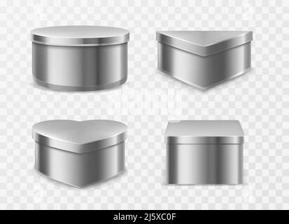 Metal tin boxes for coffee, tea or candies. Vector realistic mockup of round, square, triangle and heart shape cans for packaging dry products, biscui Stock Vector