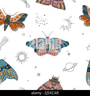 Night moth, symbols of the sky, sun and moon vector seamless pattern. Stock Vector