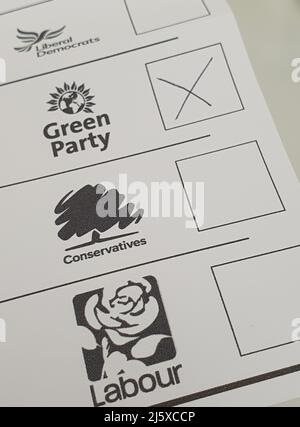 London, UK, 26 April 2022: A local election postal vote paper for the council elections on 5 May is ready to be sent with votes for the Green Party. The Green Party often poll more strongly at local elections than in national elections. Anna Watson/Alamy Live News Stock Photo