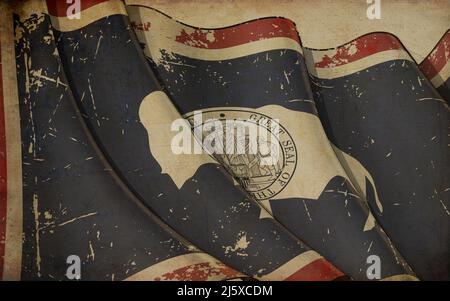 Background illustration of an old paper with a print of a waving Flag of the State of Wyoming Stock Photo