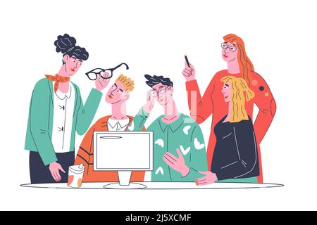 Brainstorming and teamwork concept with colleagues discussing business process and team tasks. Business process and project management, flat vector il Stock Vector