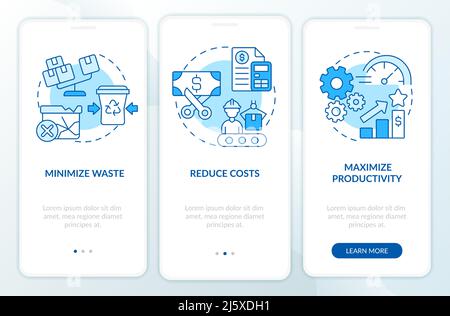 Purposes of lean manufacturing blue onboarding mobile app screen Stock Vector