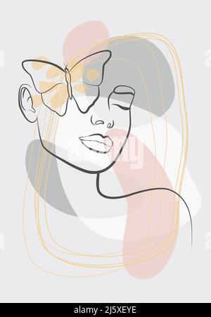 Abstract face with a butterfly. Fashionable print. Minimalist female beauty. Stock Vector