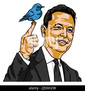 Elon Musk Twitter Bird Icon Business Deal Vector Cartoon Portrait Illustration. San Francisco, April 25, 2022 Stock Vector