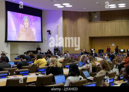 (220426) -- UNITED NATIONS, April 26, 2022 (Xinhua) -- UN Deputy Secretary-General Amina Mohammed (on screen) addresses the opening of the Financing for Development Forum at UN Headquarters in New York on April 25, 2022. TO GO WITH 'Global economy under severe stress, development goals need urgent rescue: UN official'. (Manuel Elias/UN Photo/Handout via Xinhua) Stock Photo