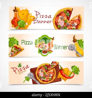 Delicious pizza cut food slices horizontal banners set isolated vector illustration Stock Vector