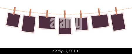 Retro photo frames hanging on rope isolated on white background vector ...