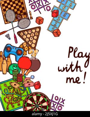 Sport and gambling games sketch colored background with play with me text vector illustration. Stock Vector