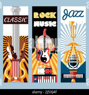 Music flat vertical banners set with jazz classic rock instruments isolated vector illustration Stock Vector