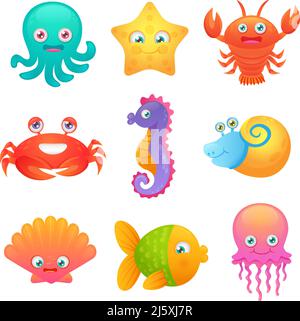 Cute sea life creatures cartoon animals set with fish octopus jellyfish isolated vector illustration Stock Vector