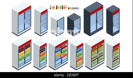 Isometric Refrigerator in the Supermarket Different Types on White Background. Refrigerated Shelves. Glass Door Freezer Stock Vector