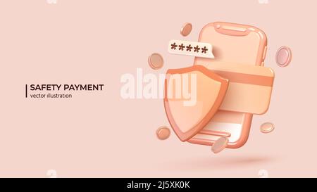 Safety payments concept. Realistic 3d shield with password on smart wallet and credit card over smartphone. The concept of mobile phone and personal data protection. Vector illustration Stock Vector