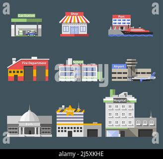 Government flat buildings decorative icons set with gas station shop port isolated vector illustration Stock Vector